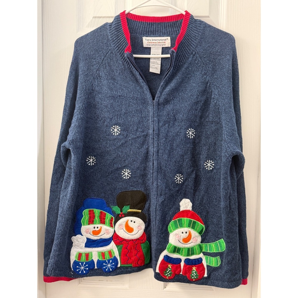 Tiara International Christmas Collection Snowman Zip Up Sweater Blue XL Womens